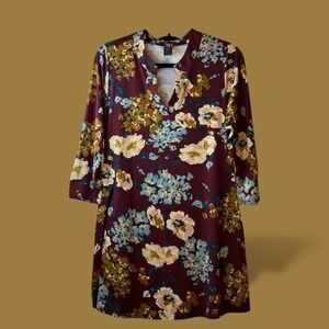 ✨Lildy Printed V Neck 3/4 Sleeve Band Collar Tunic Dress Burgundy Floral SM #
